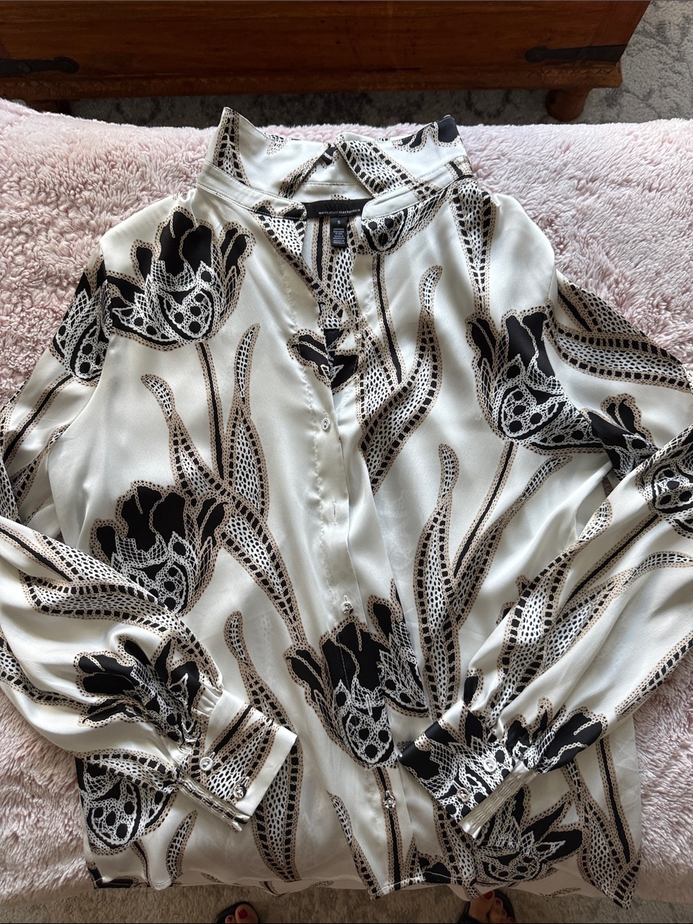 White House Black Market Cream and Black Floral Button-Down Blouse
